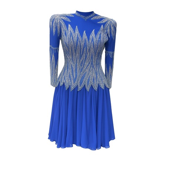 Vintage Jacquline Electric Blue Swing Dress w/Heavy Beaded Bodice 100% Silk SZ 8 - Picture 2 of 14